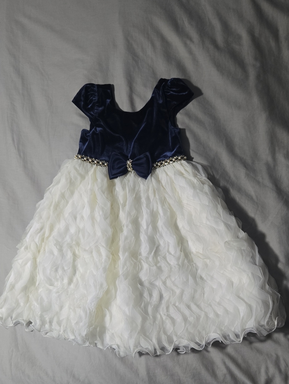 American Princess Navy Velvet White Ruffled Tulle Bow Dress